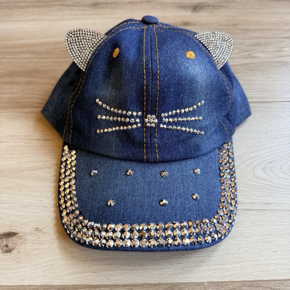Denim Rhinestone Kitty Ball Cap Adjustable Hat Olivia And Kate